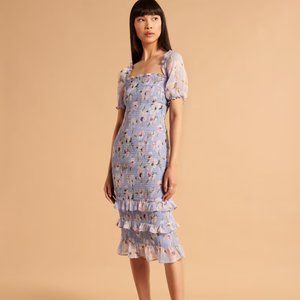 Abercrombie Light Blue Floral Smocked Puff Sleeve Midi Dress